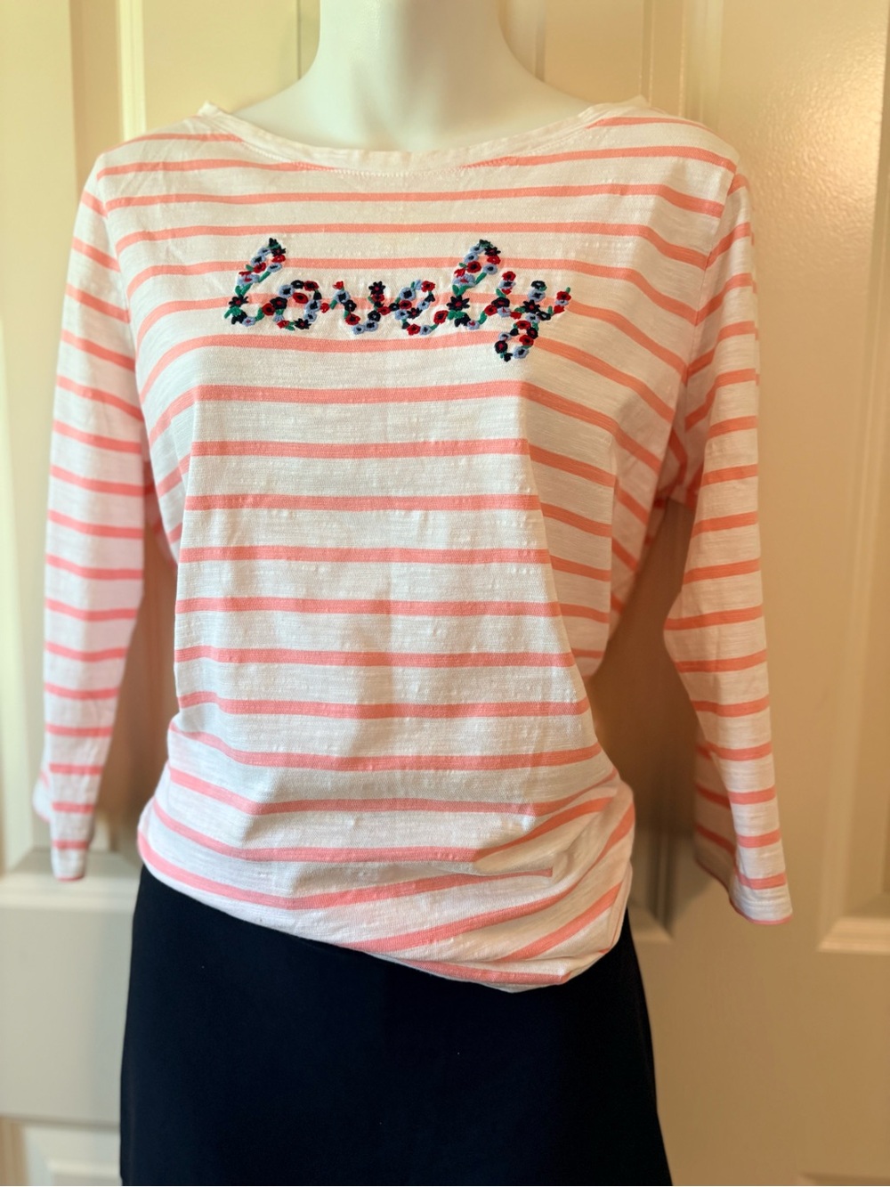 Talbots, Striped 'Lovely' Embroidered Crewneck Top - Pink & White, size LP